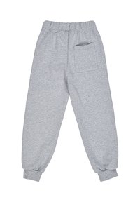 Grijze sweatpants van zacht materiaal, met een elastische tailleband, enkelboorden en een enkele achterzak aan de rechterkant.