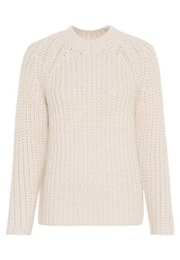 Gräddfärgad stickad tröja med rund hals, långa ärmar och ett texturerat, rippat mönster genom hela tyget.