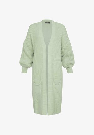 Lichtgroene gebreide cardigan met een losse pasvorm, korte pofmouwen, diepe V-hals en twee voorkeurszakken. Getextureerde stof met ribbelaccenten.