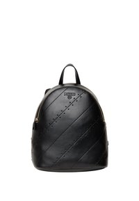 Zaino in pelle nera con forma arrotondata, cuciture diagonali e dettagli a pois. Dotato di una cerniera frontale e logo nella parte superiore.
