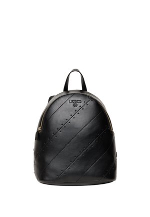 Zaino in pelle nera con forma arrotondata, cuciture diagonali e dettagli a pois. Dotato di una cerniera frontale e logo nella parte superiore.