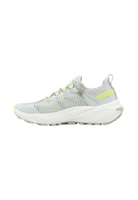 Gray athletic shoe with mesh upper, lime green accents, and white midsole. Features a round toe and textured sole for grip.