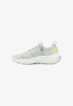 Gray athletic shoe with mesh upper, lime green accents, and white midsole. Features a round toe and textured sole for grip.