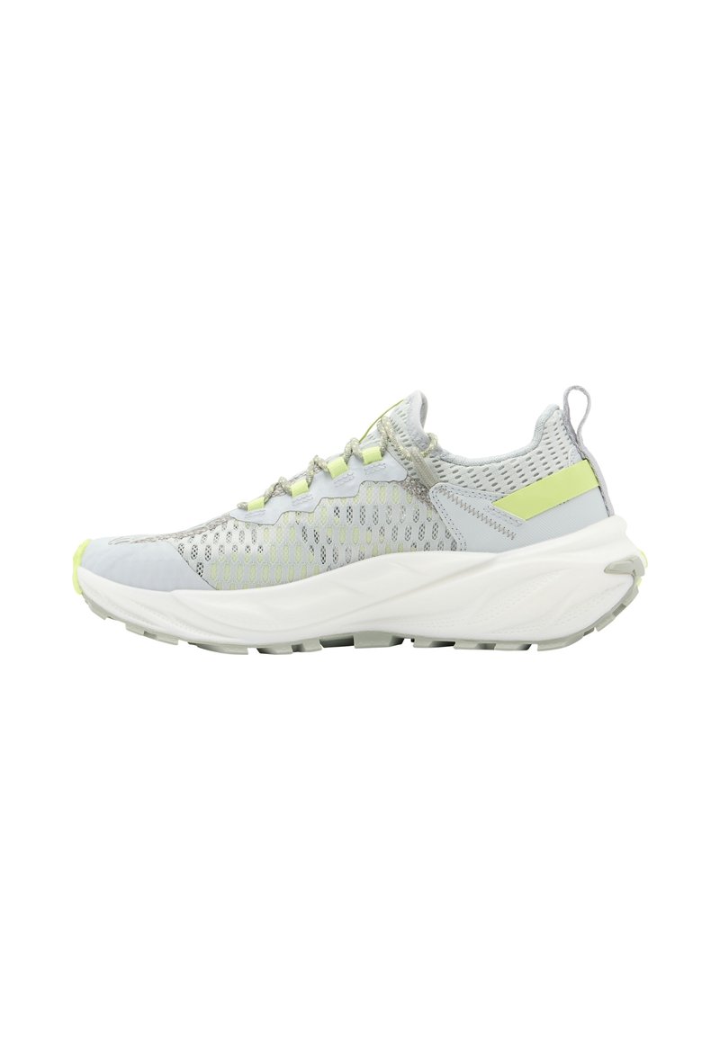 Gray athletic shoe with mesh upper, lime green accents, and white midsole. Features a round toe and textured sole for grip.