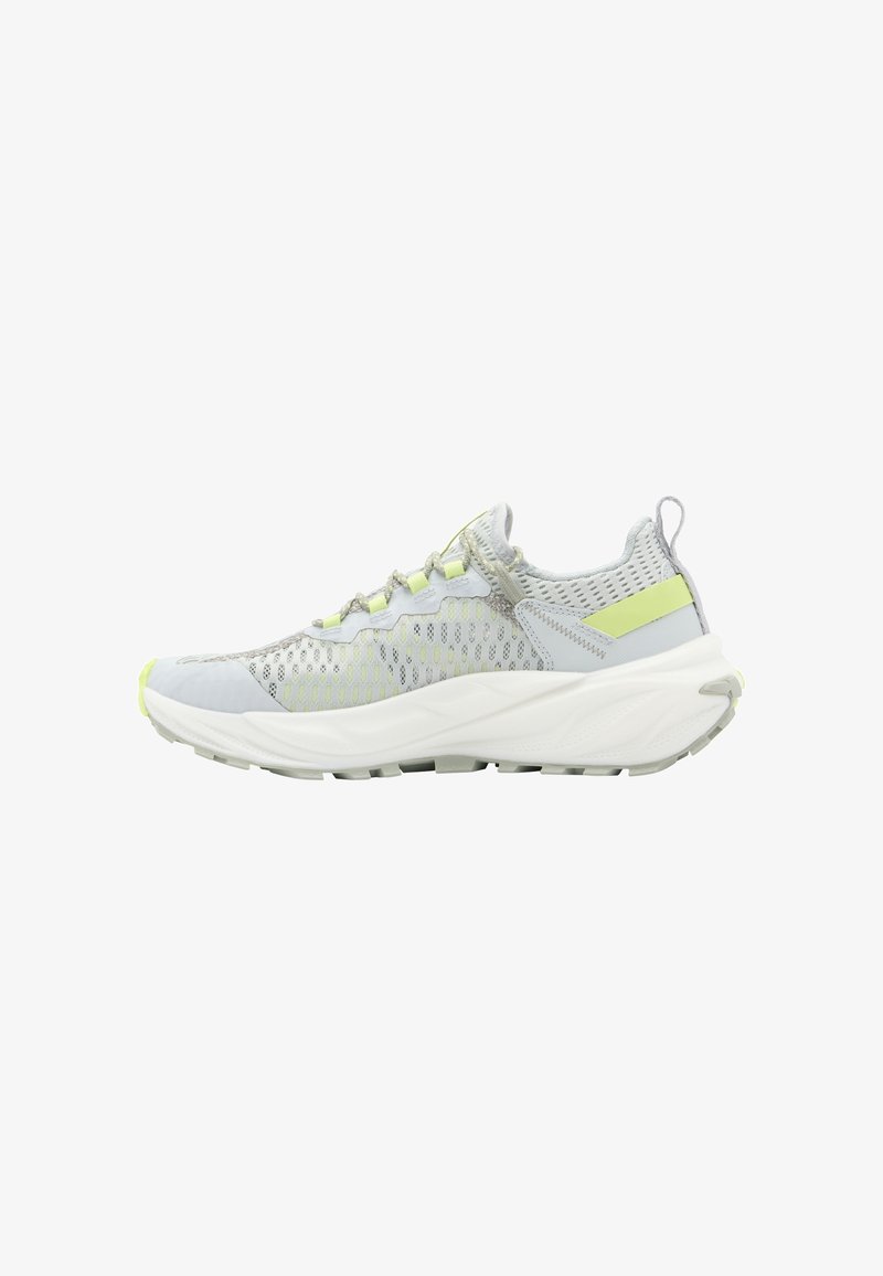 Gray athletic shoe with mesh upper, lime green accents, and white midsole. Features a round toe and textured sole for grip.