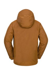 Brun vandtæt jakke med hætte, der har en glat tekstur, elastiske manchetter og to sidelommer. Minimalistisk design, set bagfra.
