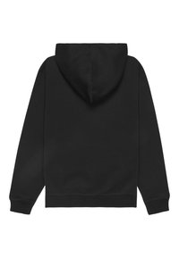 Sudadera negra con capucha y textura suave. Presenta un bolsillo canguro y puños acanalados. Diseño limpio sin logotipos ni patrones visibles.