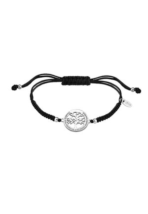 Black cord bracelet featuring a circular silver pendant with a tree design and decorative text, finished with adjustable closure and silver accents.