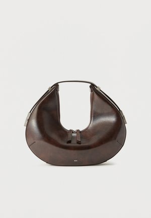 Dark brown crescent-shaped leather handbag with top handle and dual zipper pulls, displayed against a plain light background.
