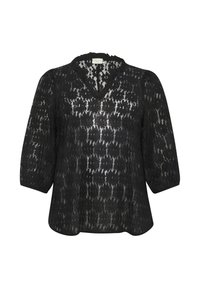 Blouse en dentelle noire avec un décolleté en V et des manches bouffantes, arborant un motif floral et une surface texturée. Tissu léger et semi-transparent.
