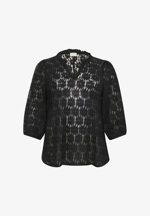 Czarna koronkowa bluzka z dekoltem w kształcie litery V i bufkami, ozdobiona kwiatowym wzorem i teksturowaną powierzchnią. Lekki i półprzezroczysty materiał.