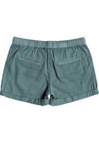 Zelené bavlněné šortky s elastickým pasem, ohrnutým lemem a dvěma zadními kapsami. Hladká textura a jednoduchý design.