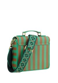 Brown and green striped leather bag with a top handle and detachable patterned strap; includes gold-tone hardware and textured finish.