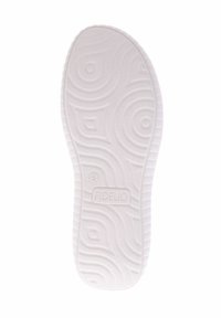 Witte schoenenzool met een textuur van een golvend patroon. Bevat opvallende logo's en gemarkeerde maten, ontworpen voor comfort en stabiliteit.