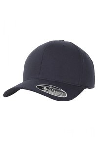 Mørkeblå baseballcaps med rund krone, buet skjerm og et merke på fronten. Laget av stoff med en glatt tekstur.