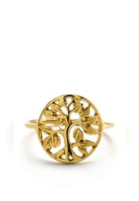 Bague en or avec un design circulaire présentant un motif d'arbre, des feuilles finement découpées et un anneau lisse.