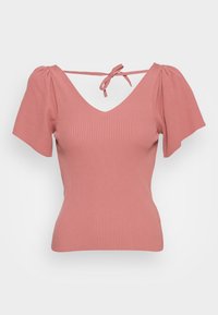 Roze geribbelde top met korte pofmouwtjes en een v-halslijn, met een strikdetail op de rug. Zachte textuur, figure-hugging ontwerp.