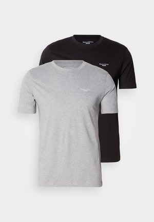 Two short-sleeve t-shirts: one gray and one black. Both have a crew neckline and a small white logo on the chest. Cotton fabric.