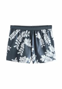 Mænds svømmeshorts i mørkegråt stof med hvide bladmønstre. Har en elastisk talje og en afslappet pasform.