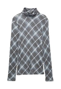 Maglione a maniche lunghe con colletto a dolcevita in tessuto grigio con motivo a quadri blu e bianchi. Tessuto morbido con una vestibilità rilassata e scollatura drappeggiata.