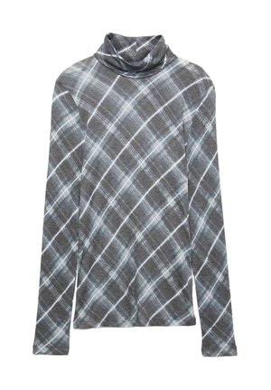 Maglione a maniche lunghe con colletto a dolcevita in tessuto grigio con motivo a quadri blu e bianchi. Tessuto morbido con una vestibilità rilassata e scollatura drappeggiata.