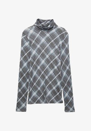 Camiseta de manga larga tipo cuello alto en tela gris con un patrón de cuadros en azul y blanco. Textura suave, con un corte holgado y escote drapeado.