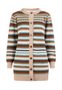 Sweter zapinany na guziki, z zygzakowym wzorem w odcieniach brązu, teal, kremowym i białym. Okrągły dekolt i ściągacze przy rękawach.