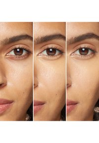 Trois images en gros plan d'un œil avec des textures et des teintes de peau variées. Les caractéristiques incluent des iris brun foncé, des cils bien définis et des variations subtiles de la peau.