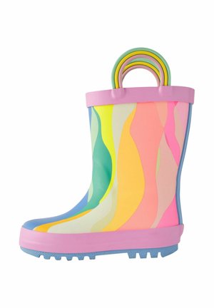 Värikäs kuminen sadevaate kiharilla kuvioilla pastellinsävyissä vaaleanpunaisessa, keltaisessa, vihreässä ja sinisessä. Vaaleanpunaiset yksityiskohdat ja monivärinen kahva.