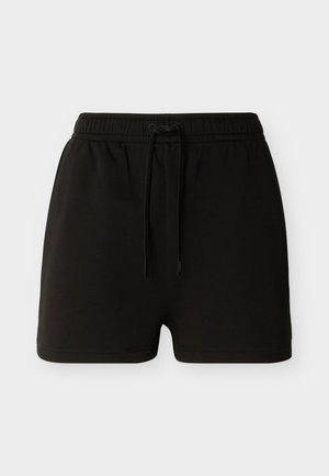 Μαύρα σορτς με ελαστική μέση και μπροστινό κορδόνι, απλό σχέδιο και ίσια ραφή, με φόντο απλό ανοιχτό χρώμα.