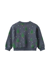 Bomullsgenser i mørkegrått med et mønster av grønne trær og hvite prikker. Rund hals og ribbekanter ved ermer og nederst. Sett bakfra.