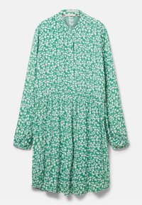 Robe verte à manches longues avec motif abstrait de feuilles blanches, fermeture boutonnée sur le devant, taille froncée et poignets élastiques.