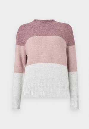 Pullover de malha com riscas horizontais em rosa, malva e cinza claro. Gola redonda, punhos e bainha canelados, textura suave.