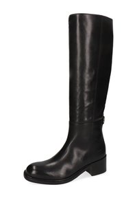 Botas negras de cuero hasta la rodilla con textura suave, punta redonda, tacón bajo de bloque y una cremallera lateral para facilitar su uso.