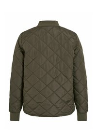 Prešita bomber jakna olivno zelene barve z gladkim zaključkom, rebrastimi manšetami in stoječim ovratnikom; vzorec diamantov povsod.