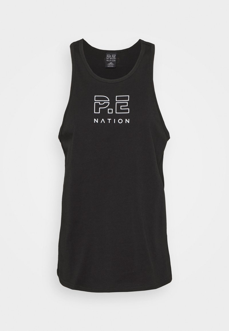 Débardeur de sport noir sans manches avec logo blanc "P.E Nation" centré sur la poitrine, encolure ronde et coupe ajustée.