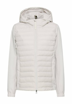 Lichtgewicht, lichtgrijs donzen jack met capuchon, horizontale stiksels, ritssluiting aan de voorkant en elastische manchetten. Soepele stoftextuur en minimale details.