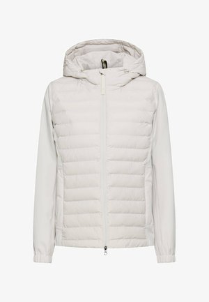 Lichtgewicht, lichtgrijs donzen jack met capuchon, horizontale stiksels, ritssluiting aan de voorkant en elastische manchetten. Soepele stoftextuur en minimale details.