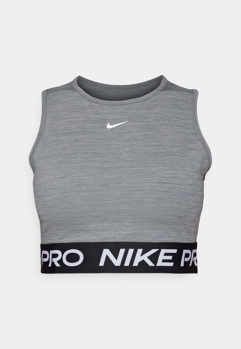Crop top de sport gris en tissu lisse, avec un col rond et une bande élastique noire ornée de lettres blanches "NIKE PRO".