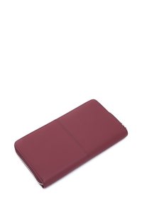 Maroon leather wallet with a smooth texture, slim rectangular shape, and a zipper closure along one edge. Minimal stitching detail.