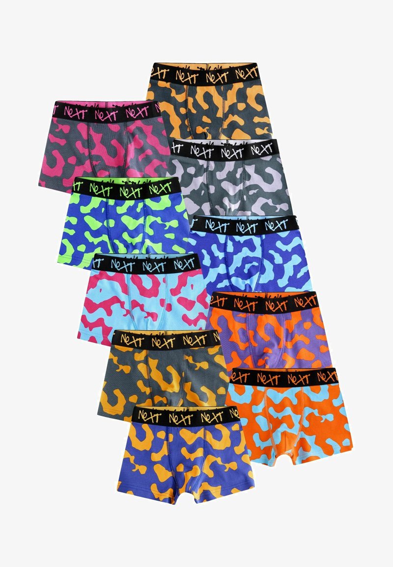Colorful boxer shorts in various patterns, including camouflage designs, with black elastic waistbands featuring "Next" logo in bright colors.