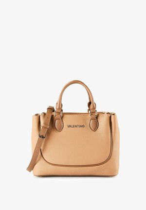 Tanleren handtas met textuurtje, dubbele handvatten en een afneembare schouderriem; voorzien van een geperst logo en subtiele stiksel details.