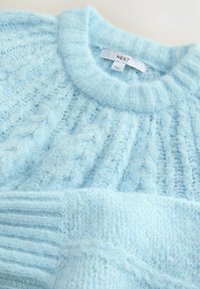 Pull en maille bleu clair avec col rond et poignets côtelés montrant une texture douce et duveteuse ainsi qu'une étiquette de marque "NEXT".