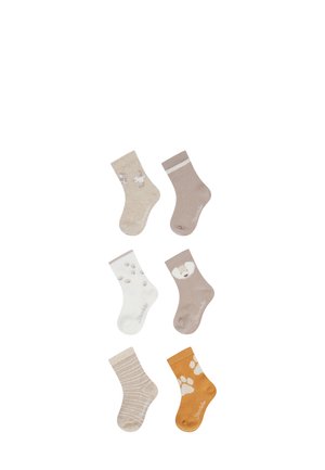 Set aus sechs verschiedenen Socken in Beige- und Brauntönen. Merkmale sind Tiermotive, Pfotenabdrücke, Streifen und kontrastierende Bündchen.