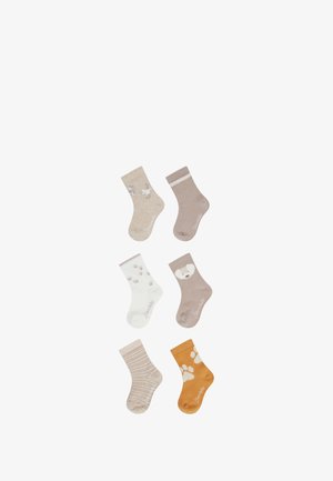 Set aus sechs verschiedenen Socken in Beige- und Brauntönen. Merkmale sind Tiermotive, Pfotenabdrücke, Streifen und kontrastierende Bündchen.
