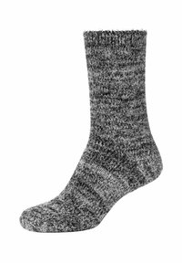 Grau gestrickte Socke mit einem gerippten oberen Teil. Strukturmaterial, weich und flauschig. Besitzt subtile helle und dunkle Muster im gesamten Stoff.
