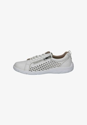 White sneaker with perforated upper, gray accents, round hole pattern, side zipper, and white rubber sole. Smooth leather material.