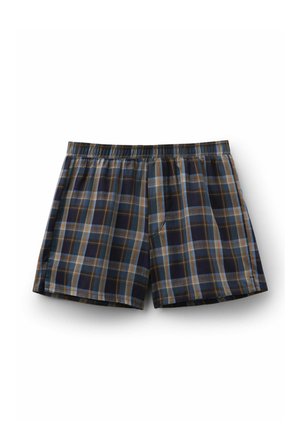 Herenboxershorts met een elastische tailleband en een geruit patroon in blauw, bruin en beige, platliggend op een witte achtergrond.