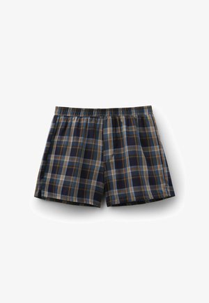 Herenboxershorts met een elastische tailleband en een geruit patroon in blauw, bruin en beige, platliggend op een witte achtergrond.
