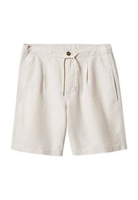 Shorts en lin beige avec une taille élastique, un cordon de serrage ajustable, des poches latérales et une fermeture à un bouton à la taille.